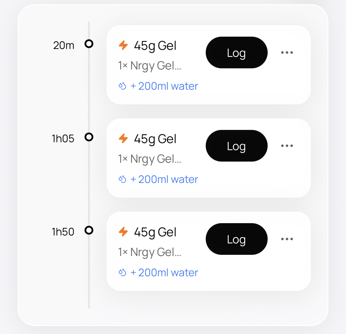 During-workout fueling timeline with timed gel intakes